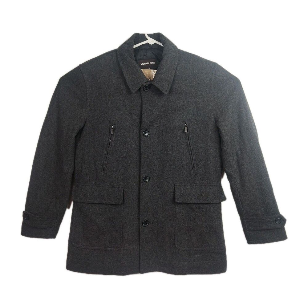 Michael Kors Winter Coat Men's L‎ Gray Full-Button 54% Wool Pockets Insulated